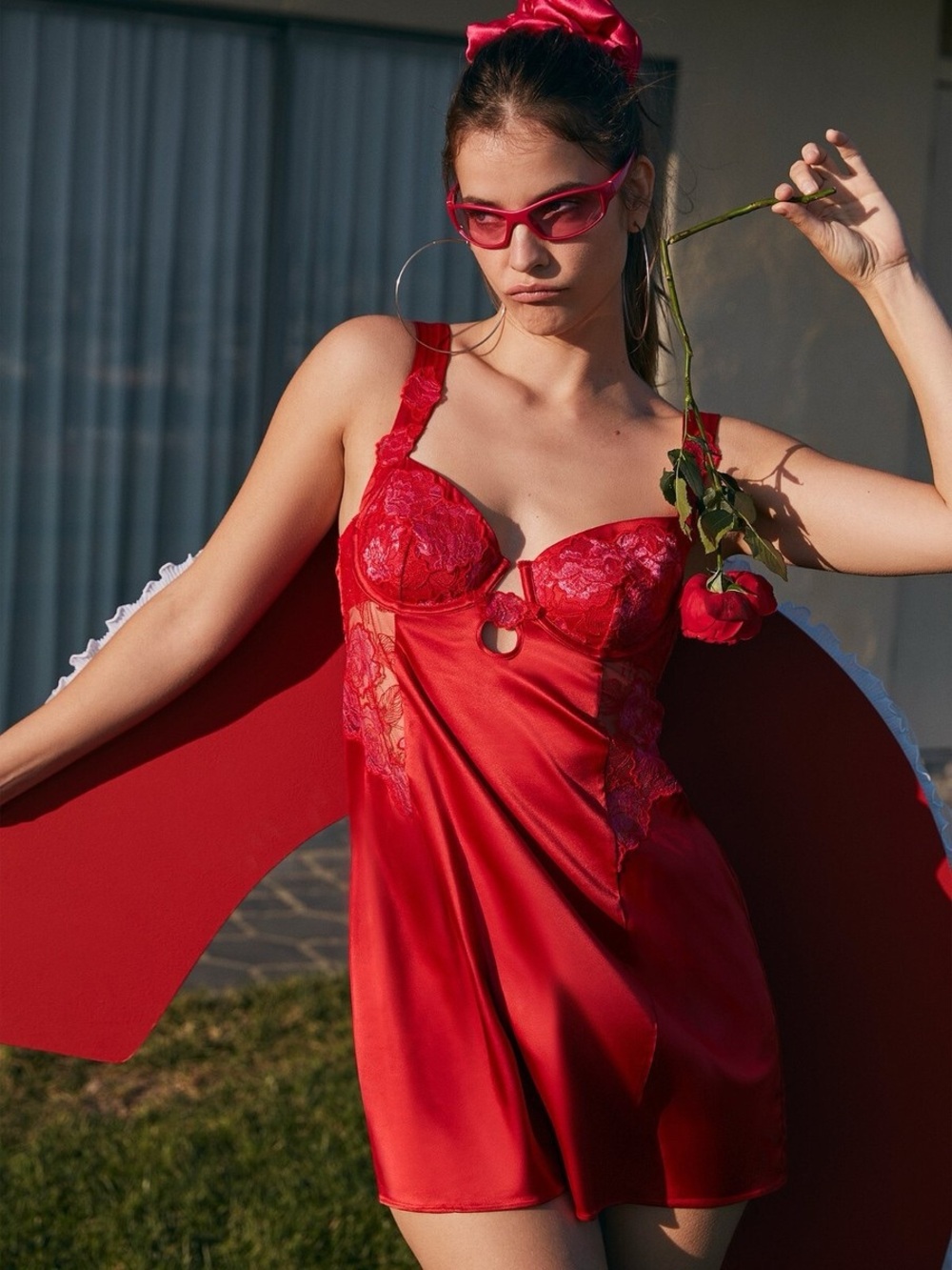 For Love & Lemons Cordelia red pink lace silky slip dress with bows